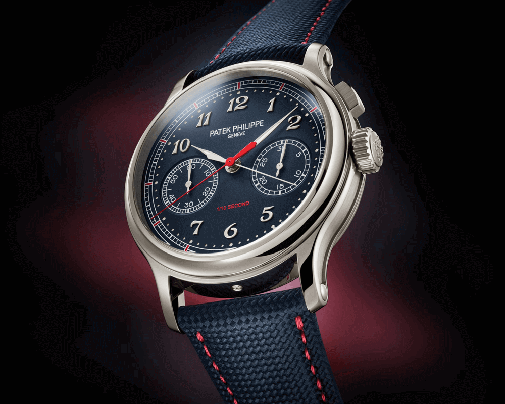 The Patek Philippe Ref. 5470P-001 gives the classic chronograph design a casual yet upbeat and energetic feel, with a foudroyante chronograph seconds hand (in red) in addition to the standard chronograph seconds for precise measurement.