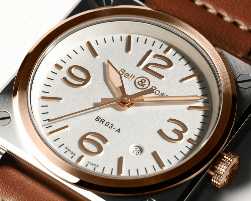 Bell Ross Br 03 White Steel Gold Cortina Watch Close Up