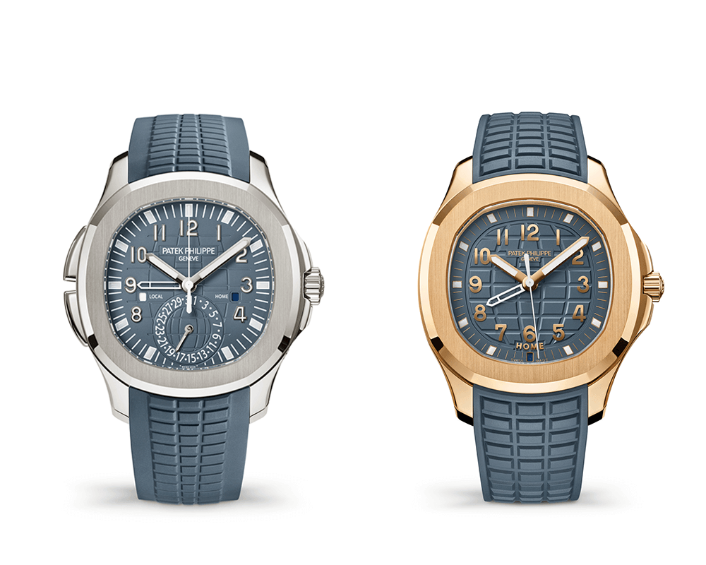 The new blue-gray colour that Patek Philippe has introduced on its dials bridges warm and cool tones and looks equally good when encased in white or rose gold. Shown here are the Aquanaut and Aquanaut Luce Travel Time, Refs. 5164G-001 and 5269R-001 respectively.