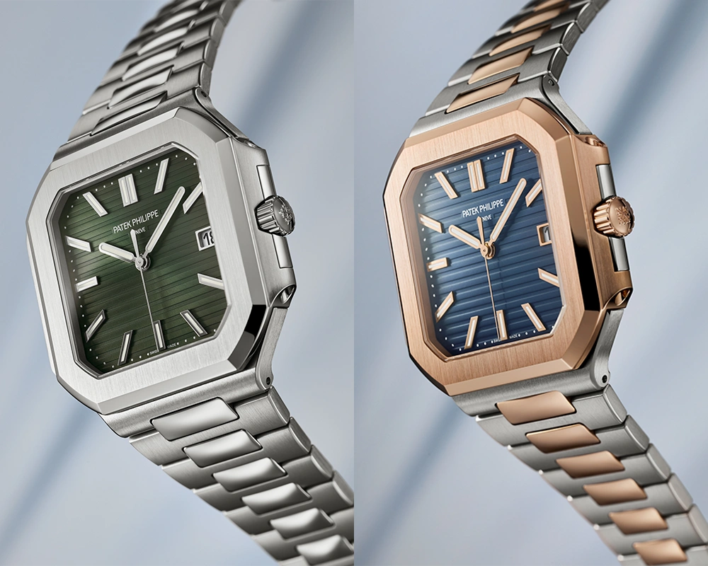 The Patek Philippe Cubitus Refs. 5821/1A-001 and 5821/1AR-001 in stainless steel, and steel-and-rose-gold cases and bracelets respectively, are presented with olive green and blue sunburst dials.