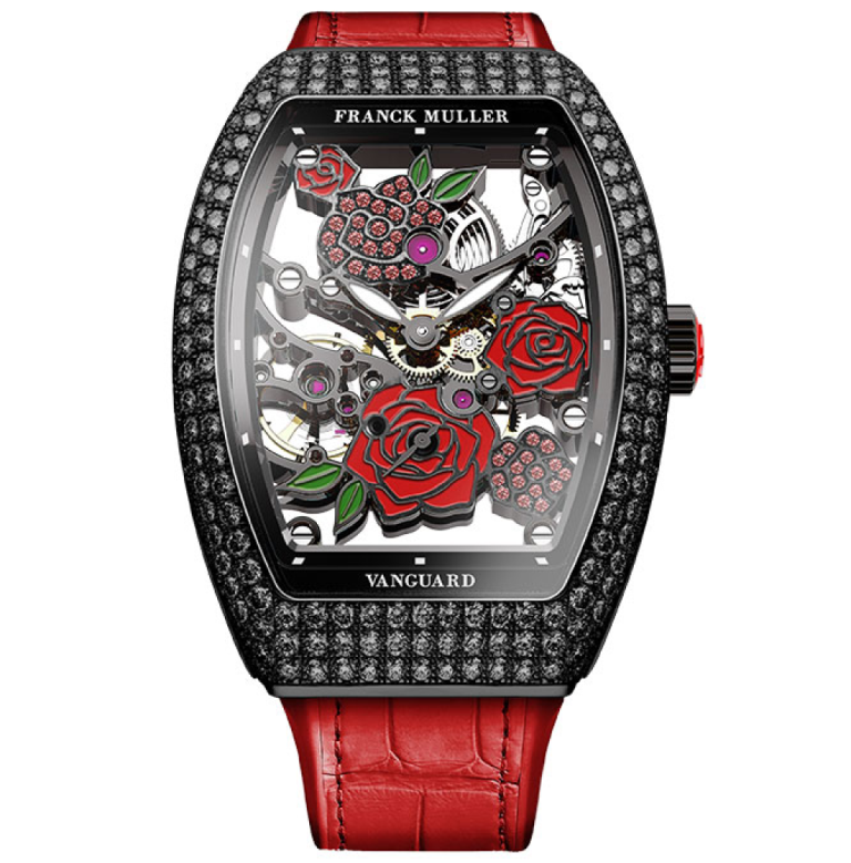 Franck Muller Vanguard Rose Skeleton Black Diamonds V32 Rose D Black Red 768x779