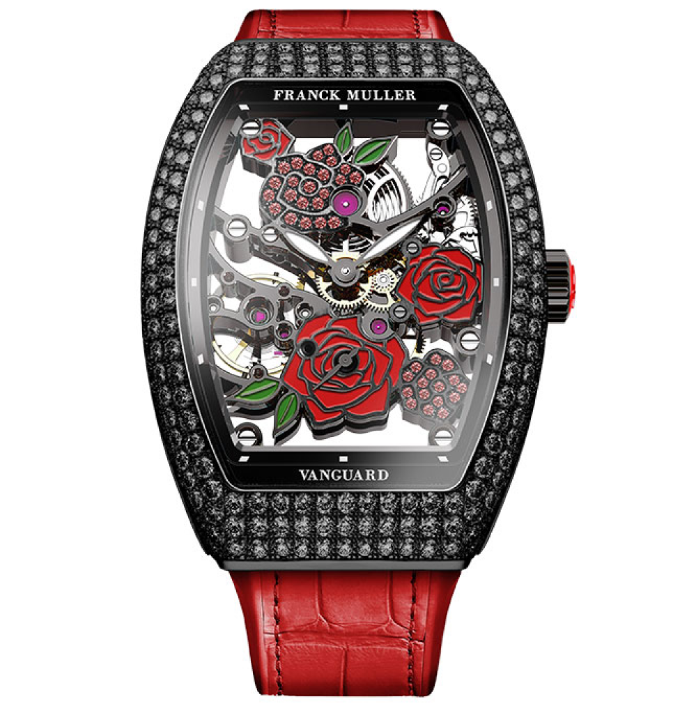 Franck Muller Vanguard Rose Skeleton Black Diamonds V32 Rose D Black Red