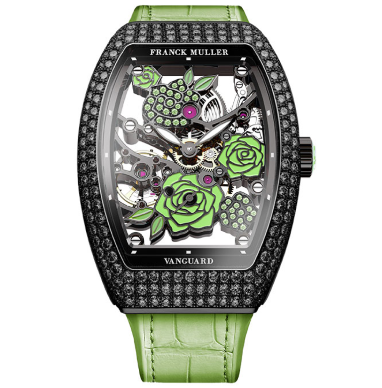 Franck Muller Vanguard Rose Skeleton Black Diamonds V32 Rose D Black Green 768x779