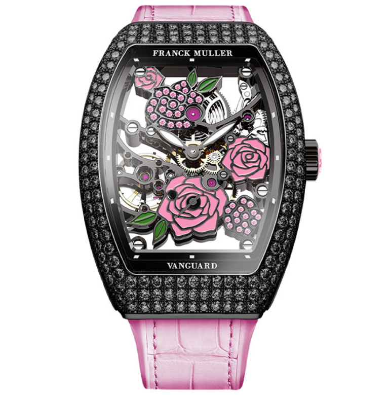 Franck Muller Vanguard Rose Skeleton Black Diamonds V32 Rose D Black Rose 768x779