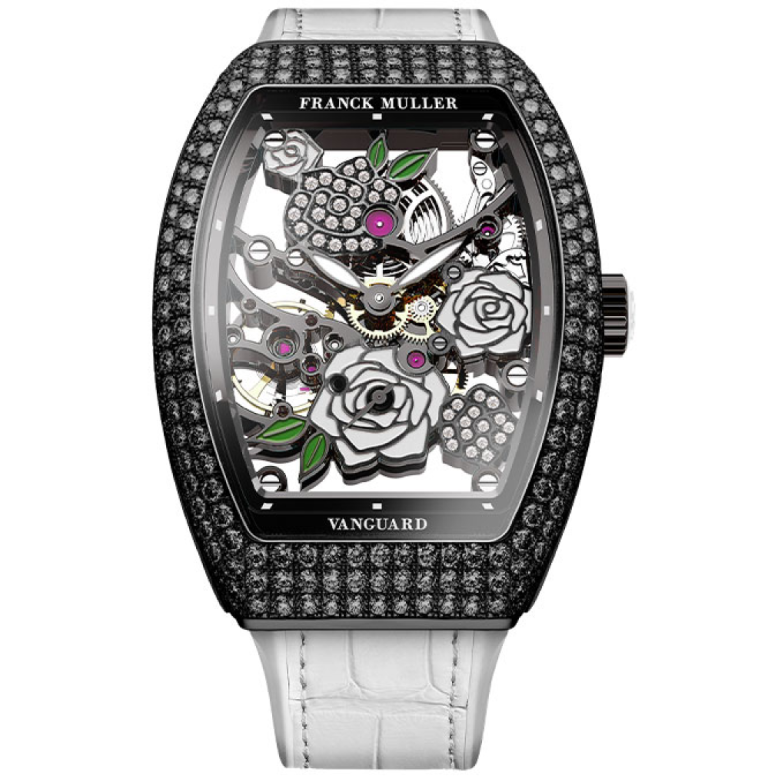 Franck Muller Vanguard Rose Skeleton Black Diamonds V32 Rose D Black White 768x779