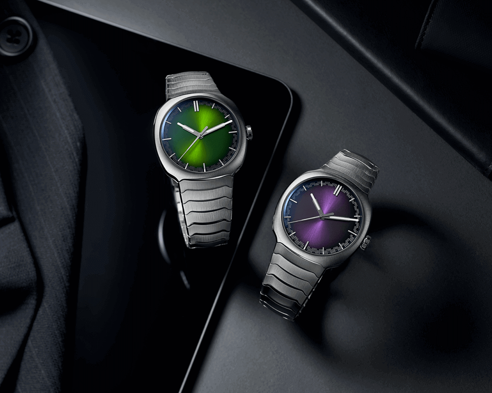 H. Moser & Cie._Streamliner Centre Seconds Matrix Green and Purple_6201-1200 and 6201-1201_Cortina Watch
